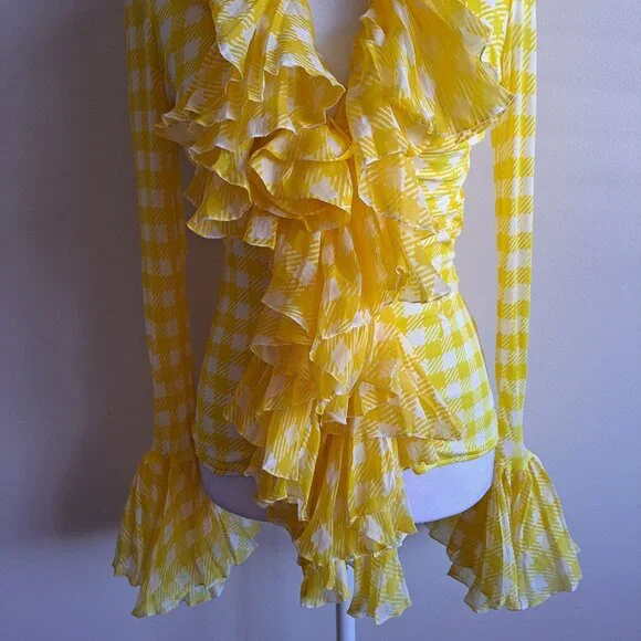 Roberto Cavalli Yellow Ruffle Sheer Silk Blouse Size 38 / XS - Picture 3 of 16